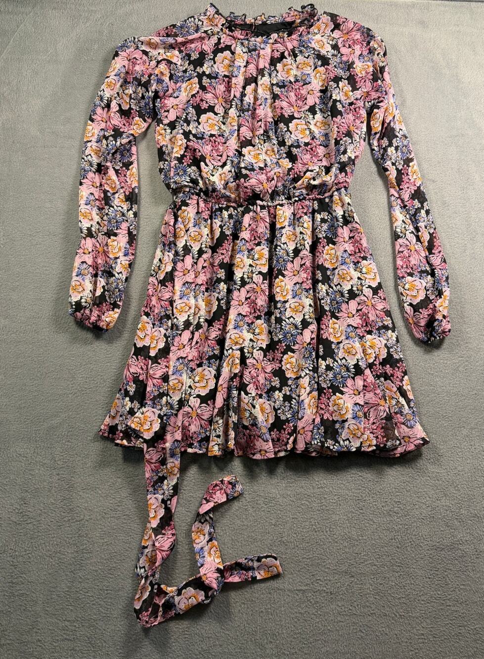 Trixxi Womens XS Floral Chiffon‎ Mini Dress Mock Neck Long Sleeve Tie Waist Pink
